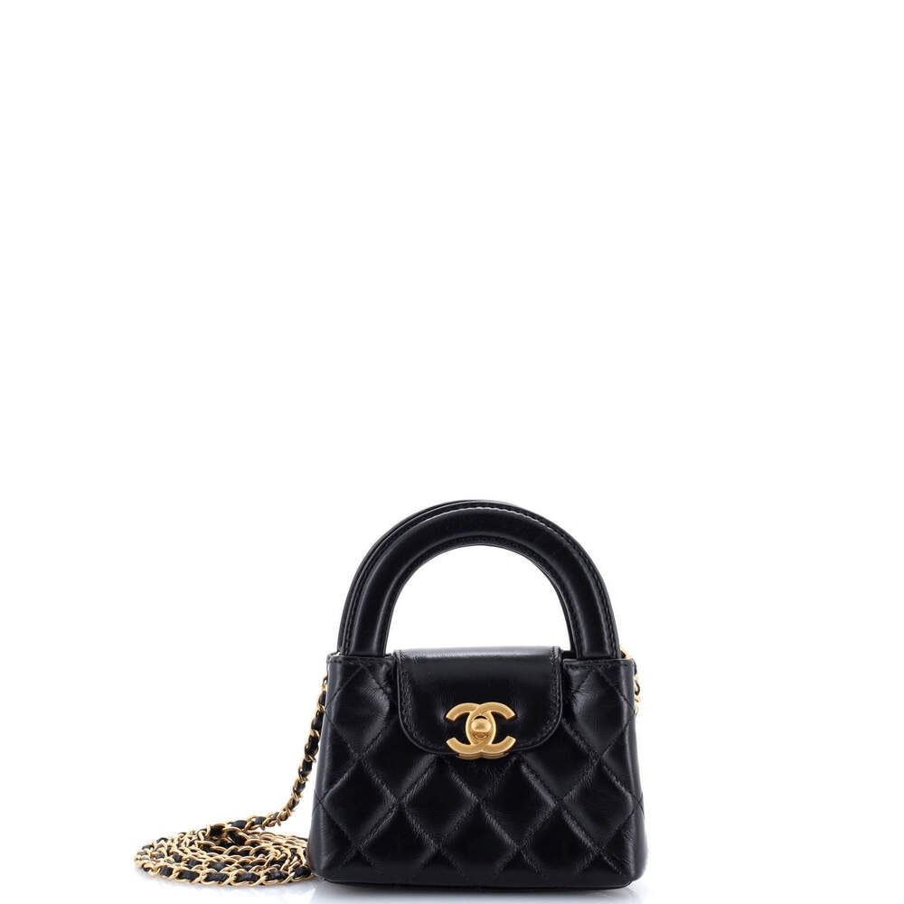 Chanel Nano Kelly Top Handle Shopping Bag Quilted Shiny Aged Calfskin